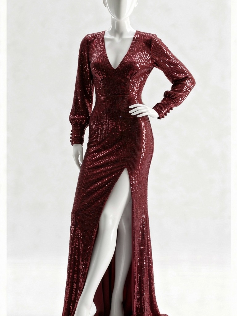 Fashion Nova Women’s Sequin Deep V Red Evening Dress With Slit